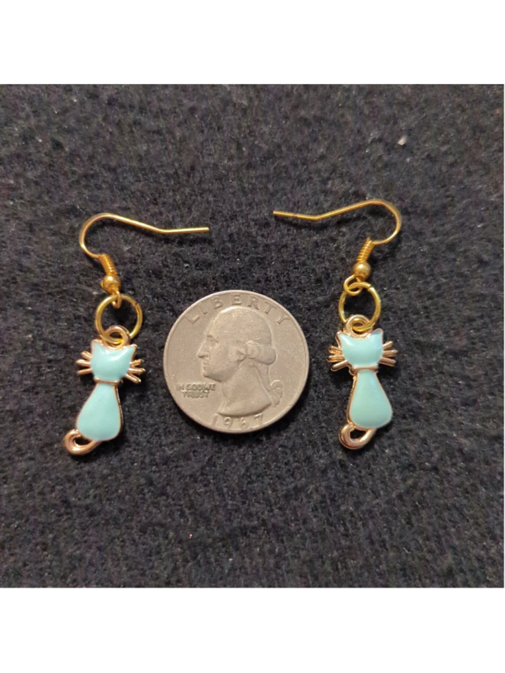 Gold Tone Pastel Blue Enamel Kitty Cat Dainty Delicate Drop Statement Earrings